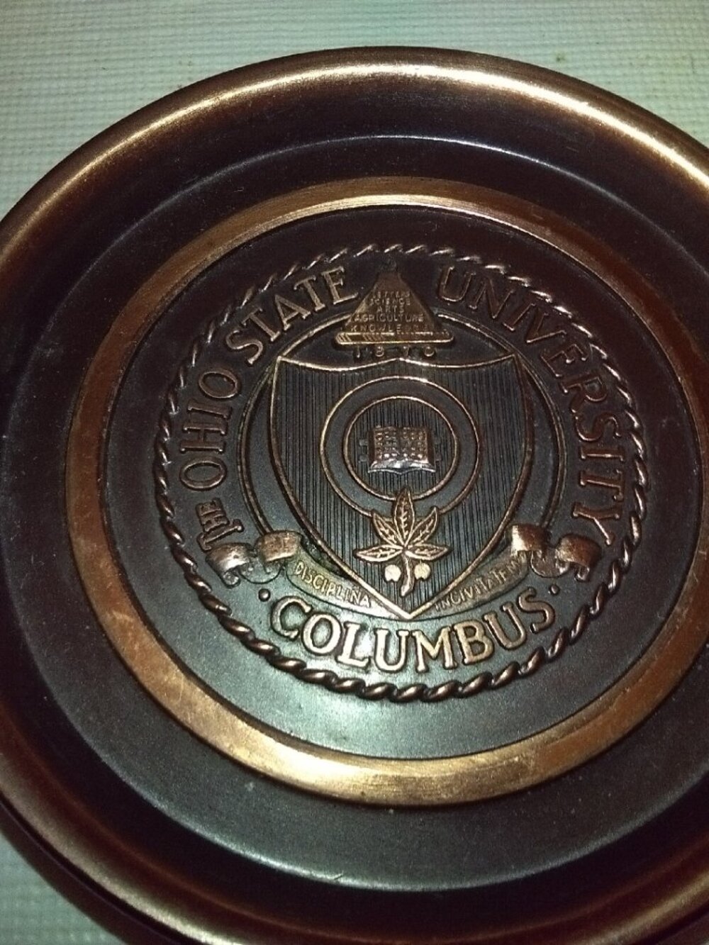 5 vintage Ohio State Univ copper/bronze discs/coasters by Hyde Park